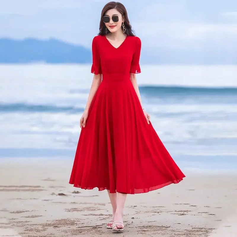 

Spring Summer Elegant V-neck Short Sleeved Clothing for Casual Versatile Western Commuting Loose Solid Women's Dresses CY433