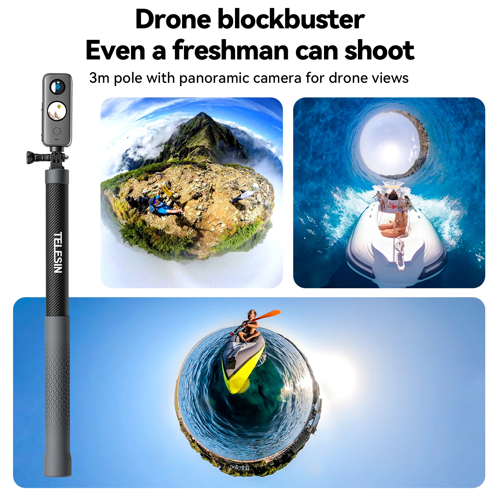 TELESIN-1.2M 3M 탄소 섬유 셀카봉, 셀카봉, 모노포드, 1/4 나사, 고프로, Insta360, 오스모, 액션 DJI, 액션 카메라 용