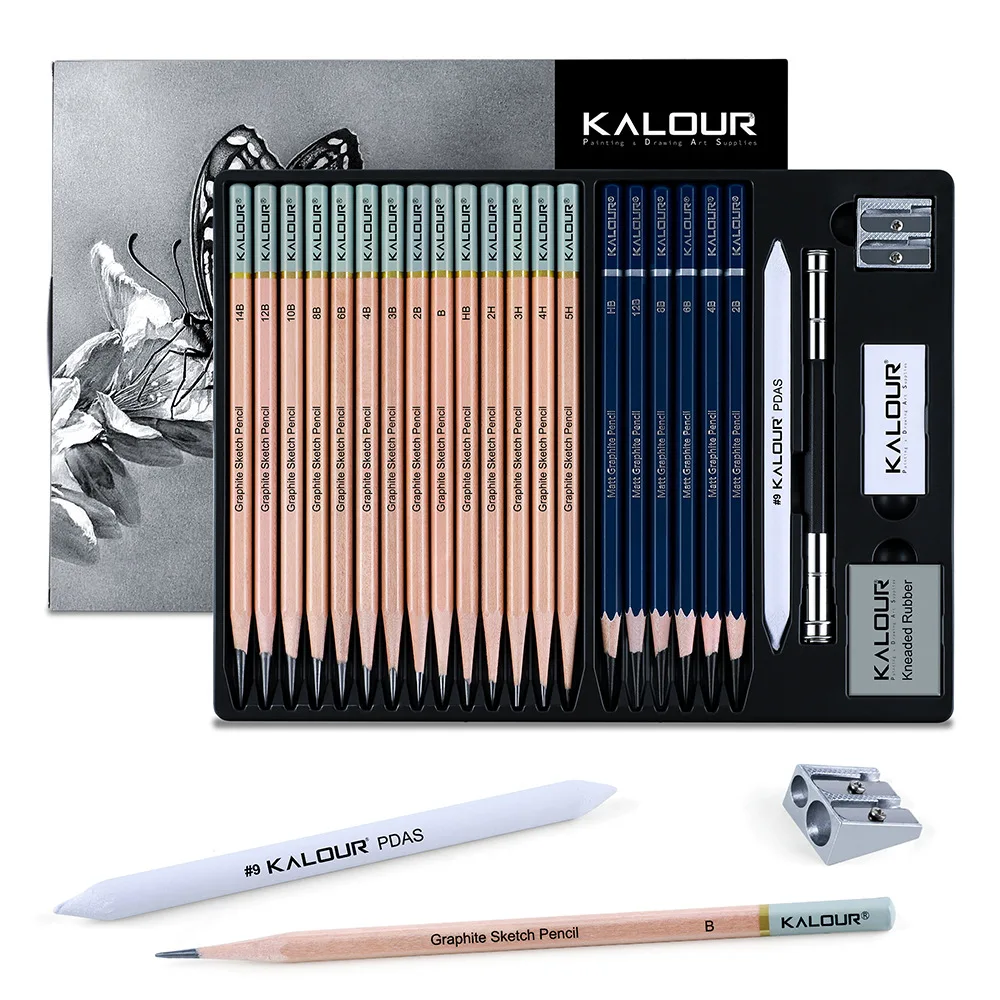 KALOUR 25개 매트&일반 스케치 연필 세트, 5H-12B 전문가용 드로잉 키트 (지우개&연필깎이 포함, 스케칭&쉐이딩용)