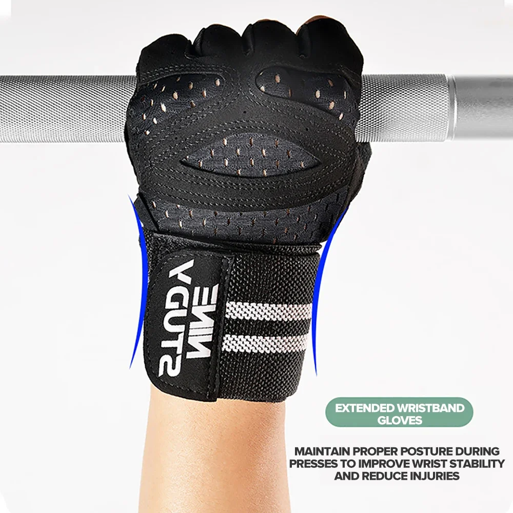 1 Pair Gym Fitness Gloves with Wristbands Straps Weight Grip Gloves Wrist Brace Protector Anti-Skid WeightLifting Pad Breathable 2