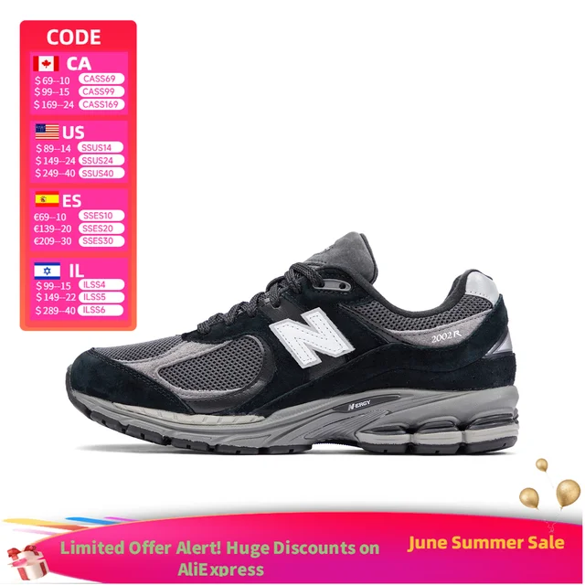 New Balance NB 2002R Chaussures de course décontractées à tige basse, respirantes, antidérapantes, à coussinets, style rétro, noir/gris M2002RR1 1