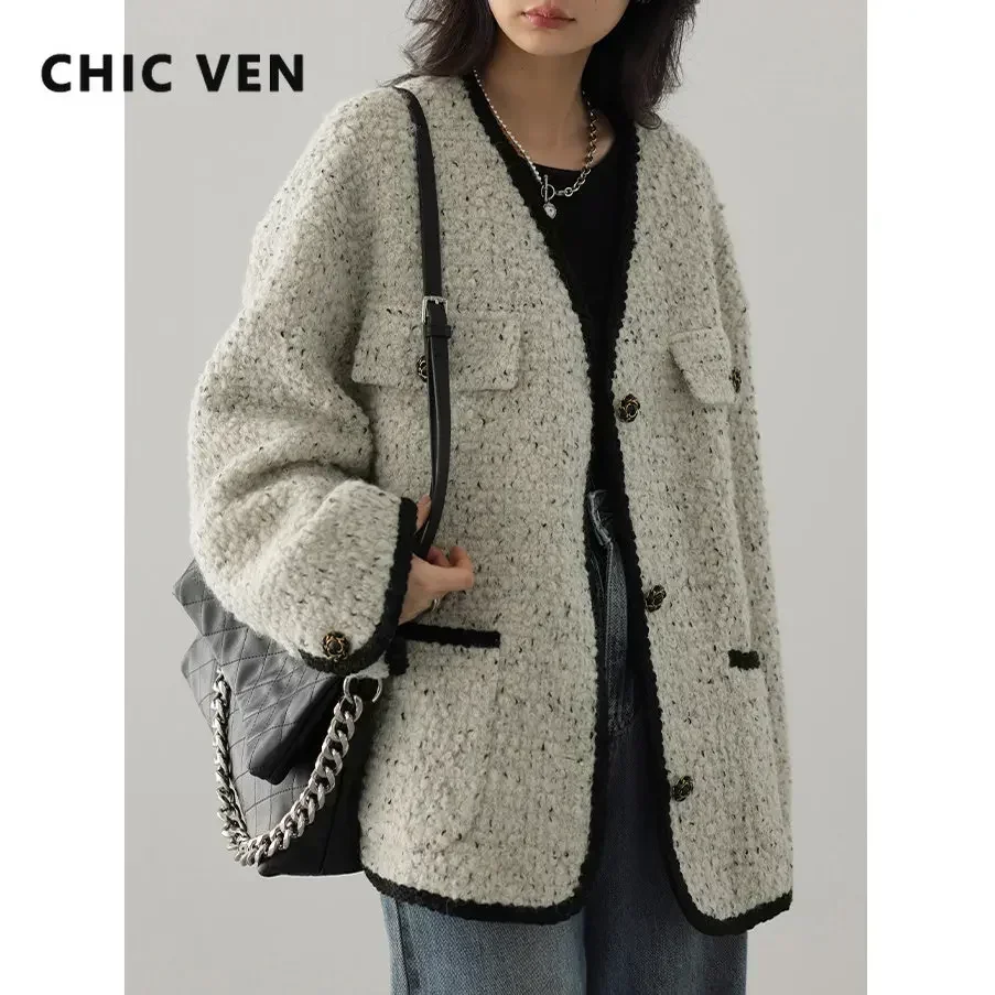 CHIC VEN Fashion Women's Wool Coat Single Breasted Vintage Jacket V-Neck Office Lady Overcoat Female Tops Spring Autumn 2023 2