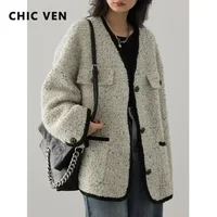 CHIC VEN Fashion Women's Wool Coat Single Breasted Vintage Jacket V-Neck Office Lady Overcoat Female Tops Spring Autumn 2023 2