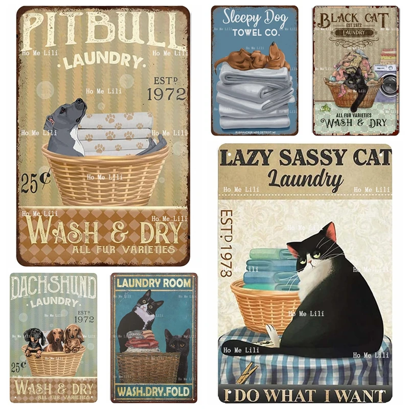 Lazy Sassy Black Cat Wash And Dry Lavanderia Fold Pitbull Dog Bassotto Lavanderia Segno In Metallo Bagno Decor