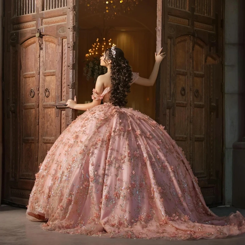 Vestido de baile sem ombro com lantejoulas rosa, vestido Quinceanera, apliques dourados, miçangas de flores, doce, festa de aniversário, vestido formal, 15, 16