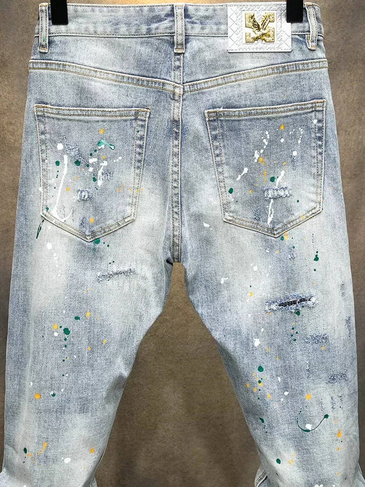 Street Fashion Men Jeans Retro Light Gray Blue Elastic Slim Fit Ripped Jeans Men Painted Designer Hip Hop Vintage Pants Hombre