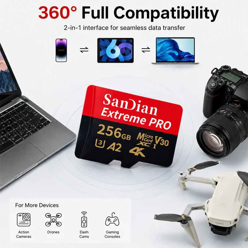 Carte mémoire 128GB pour gimbal caméra, vue en gros plan sur les contacts dorés et l'étiquette de capacité.