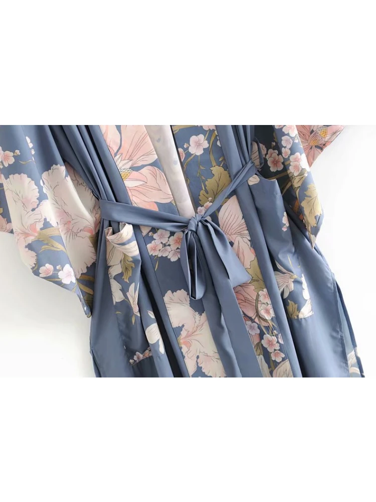 Vintage Peacock Floral Print Sashes Women Bohemian V Neck Batwing Sleeves Lady Happie Beach Boho Robe Bikini Cover-ups
