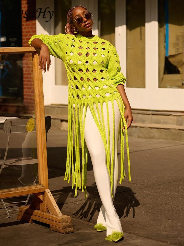 

Женский однотонный трикотажный свитер JusaHy с вырезами, Сексуальная рубашка с кисточками и длинным рукавом, шикарные укороченные топы в готическом стиле, новинка 2023