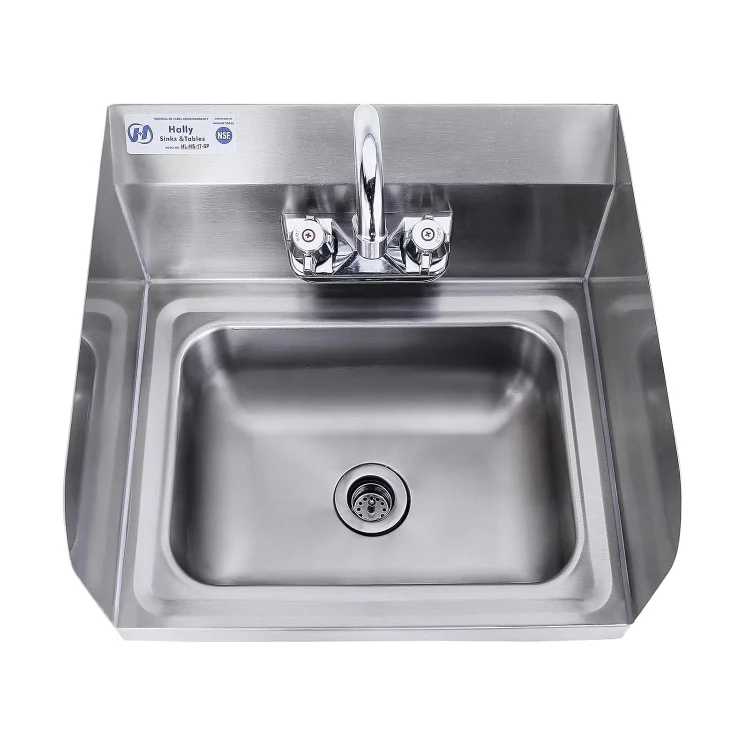 Stainless Steel Sink for Washing with Faucet and Side Splash, NSF Commercial Wall Mount Hand Basin for Restaurant, Kitchen 2