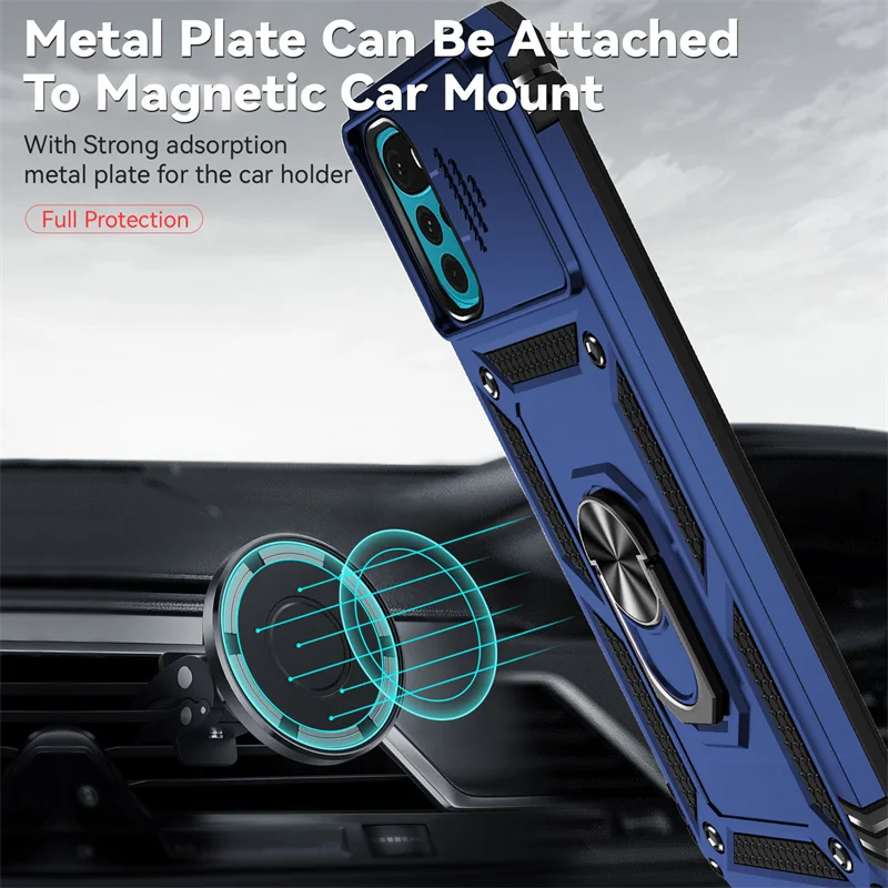 Motorola Moto G22 Protective Armor Case with Slide Lens Cover, Magnetic Holder, and Ring Stand