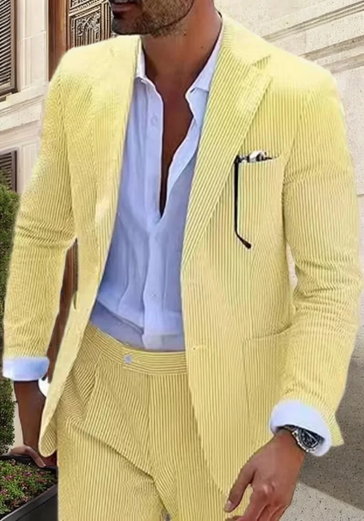 Stylish Seersucker Men's Suit Set 2 Piece Jacket and Pant Notched Lapel Summer Beach Tuxedo Evening Party Wedding Elegant Suit