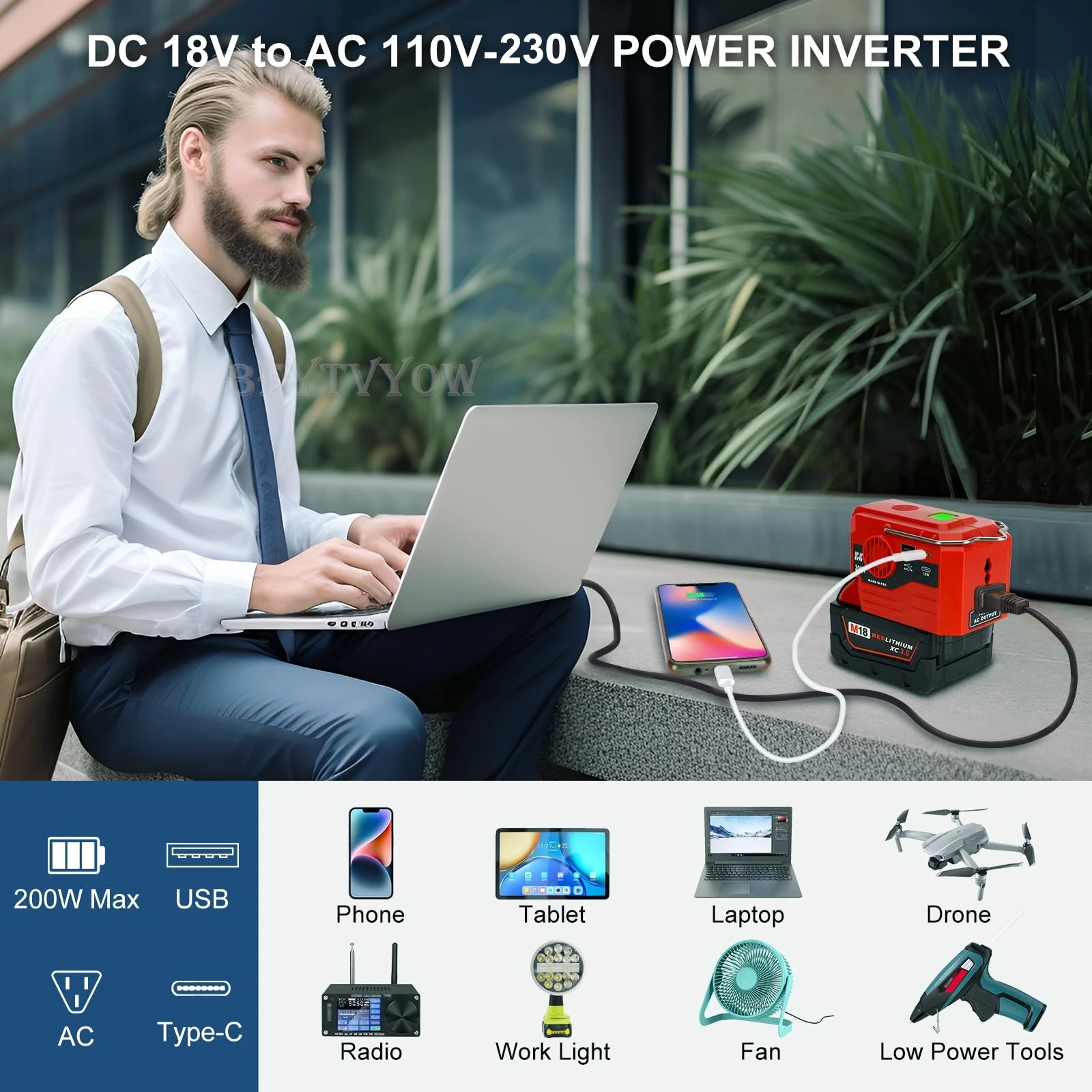 200W Portable Power Inverter for Milwaukee M18 18V Battery DC 18V to AC 110V-230