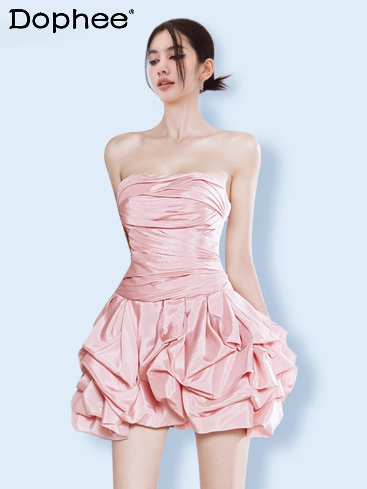 

Elegant High Waist Sleeveless Socialite Dresses 2024 Summer New Sexy Off-Shoulder Pink Tube Top Backless Bud Dress for Women