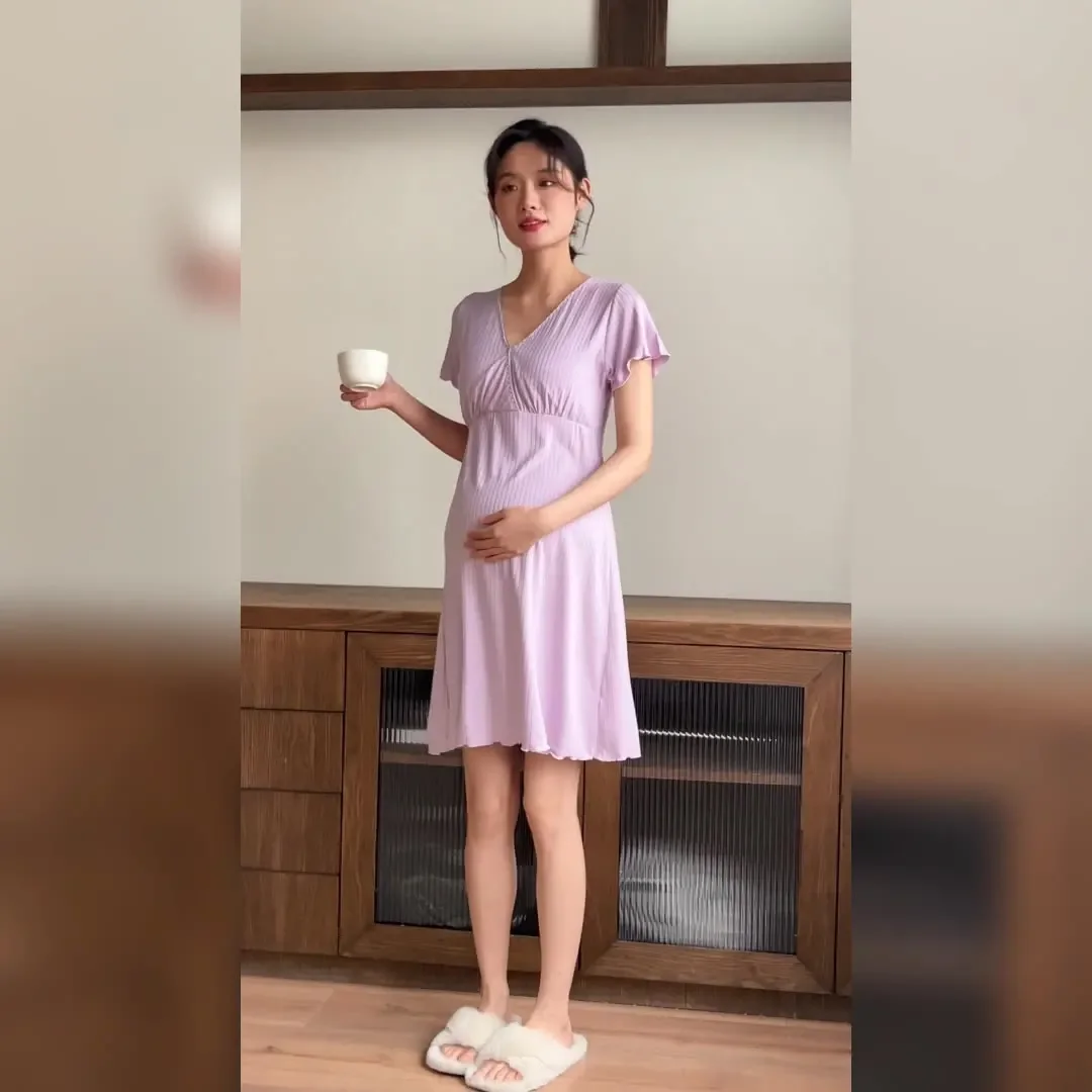 Women's Spring  Summer Padded Sleeping Dress  Postpartum Breastfeeding  Large Size  Women's Home Clothes  Pajamas  Midi Dress 4
