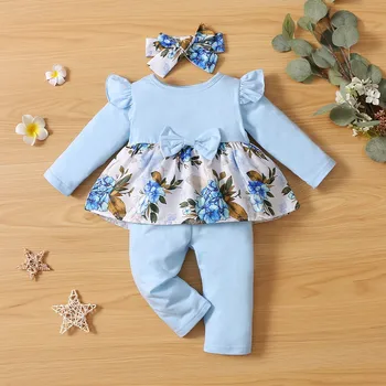 Infant Baby Girls' Clothing Long Sleeve Tops+Pants+Headwear Sets Flower Print Fashion Baby's Set Baby Clothes 3 6 12 24 Months 3