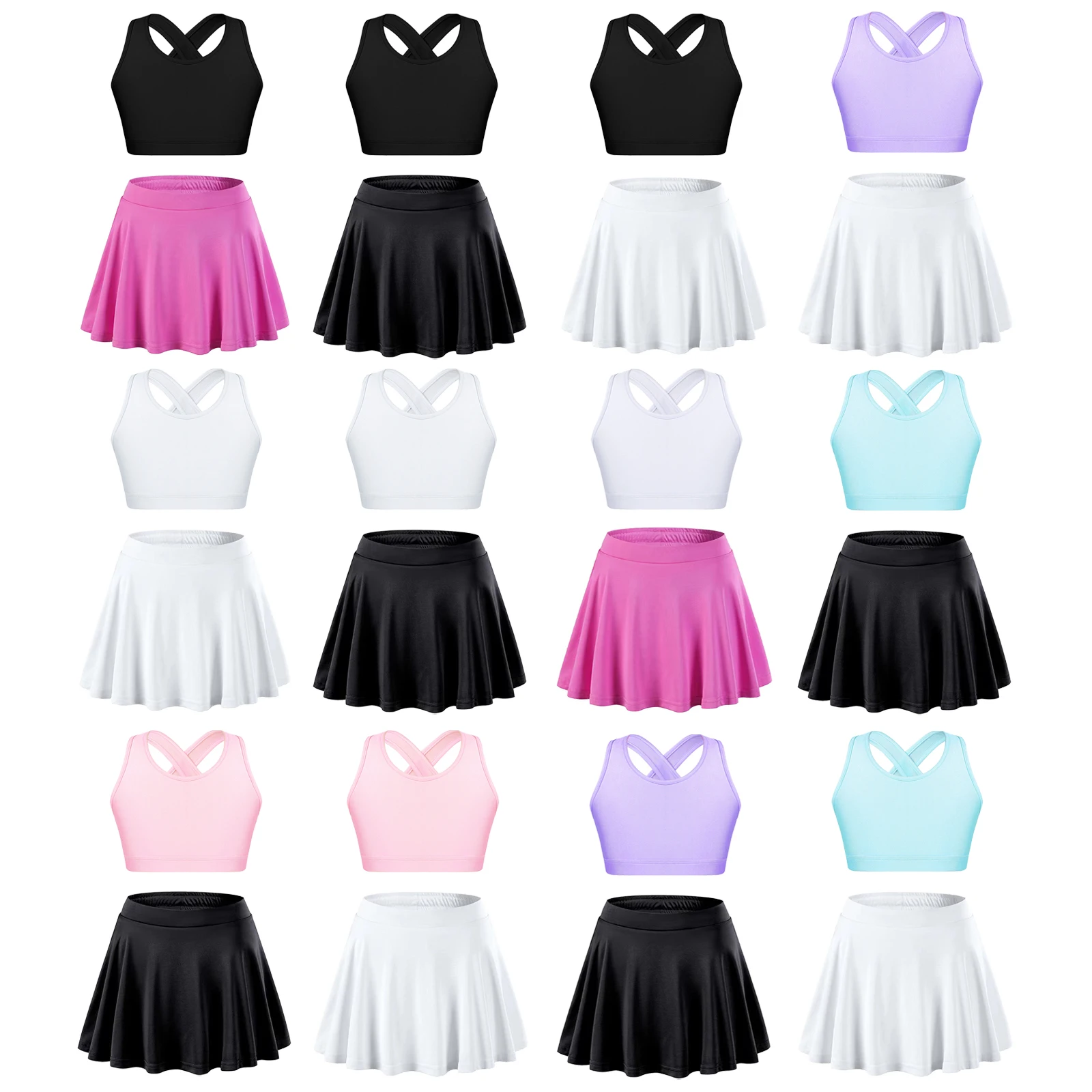 Kids Girls Sports Set Breathable Sportswear Sleeveless Criss Cross Crop Top with Pleated Skirt for Tennis Badminton Fitness