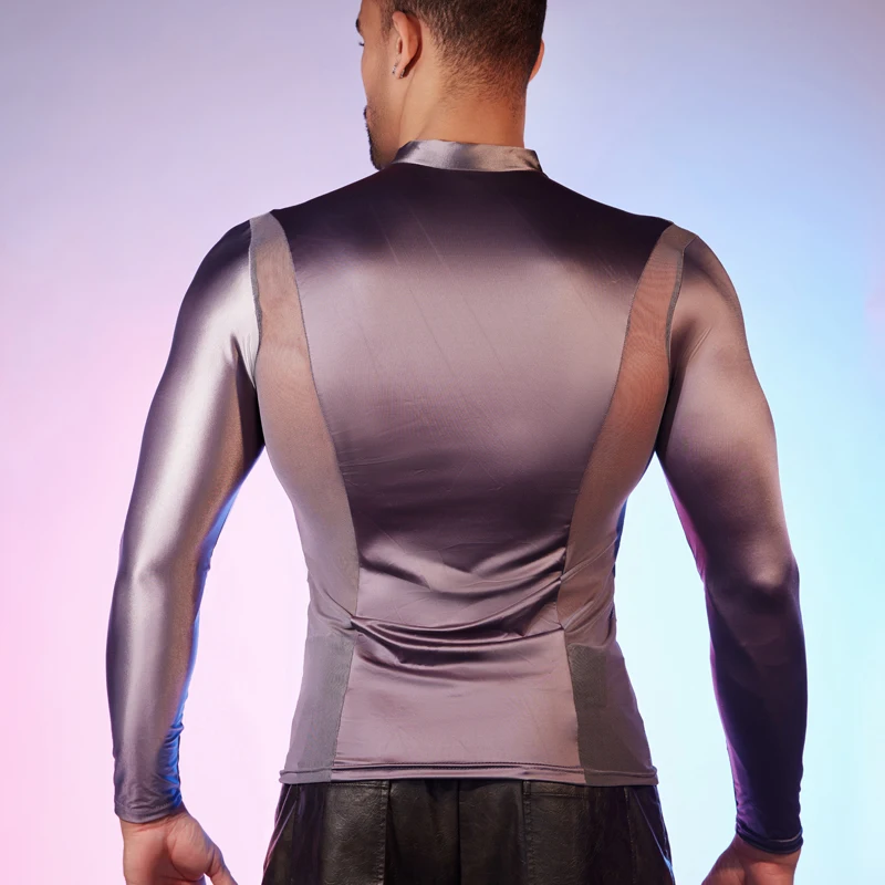 Mens Glossy Sports Tops Long Sleeve T-shirt Solid Color Slim Fit Breathable Fitness Gymnastics Workout Tops Yoga Beach Swimwear men long sleeve shirt