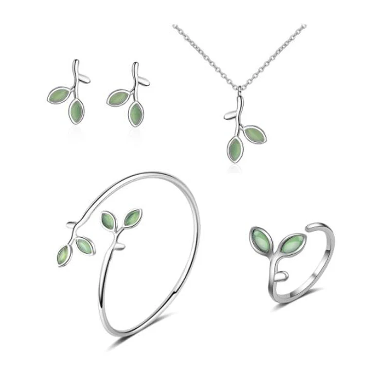 925 Sterling Silver Jewelry Sets Enamel Green Olive Branch Leaves Earring+Ring+Necklace+Bangle For Women