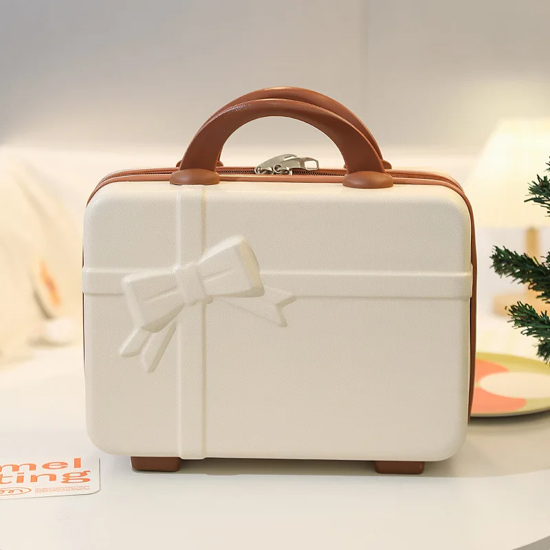 14 Inch Mini Suitcase Women Cute Cosmetic Case Female Vintage Bow Tie Zipper Storage Gift Box Girls Travel Luggage Organizer Bag