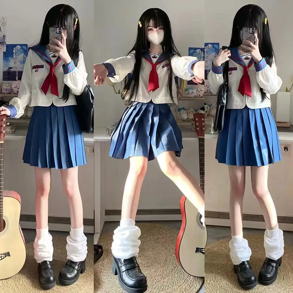JK Uniform Sailor Suit Casual Style Blue Long-sleeved Pleated Skirt Basic All-match Female Suit Woman Cute Style School Uniform