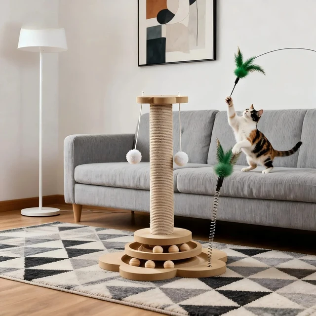 1 Set Durable Solid Wood Cat Scratching Post with Toys, Sisal Board & Interactive Turntable, Prevents Furniture Damage 5