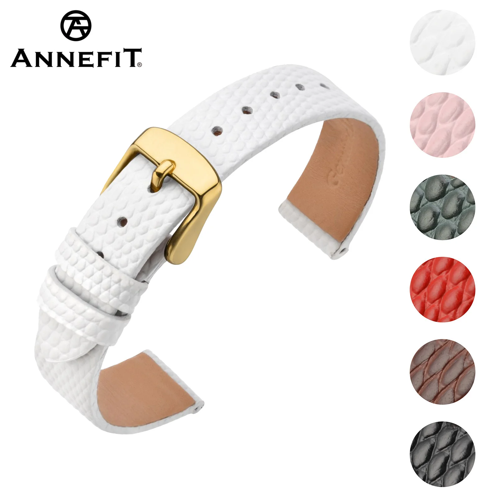 

ANNEFIT Leather Watch Band for Women 12mm 14mm 16mm 18mm 20mm Lizard Grain Slim Thin Replacement Strap Stainless Steel Buckle