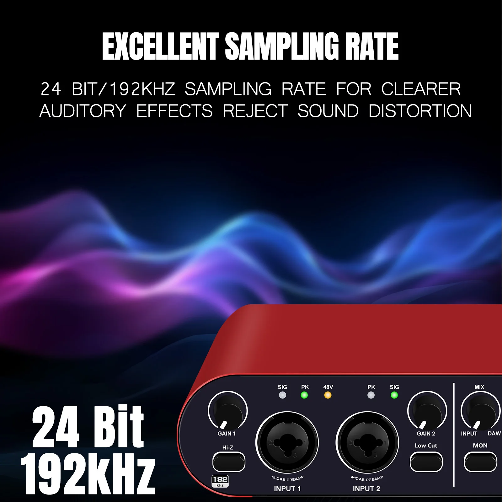 Audio interface 24bit/192 kHz + 48V phantom power supply for recording podcasts and streaming ultra-low latency noise free