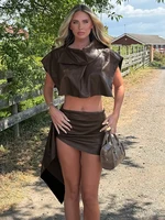 Tamara Turn-Down Collar Peach Hip Mini Skirt Set 1