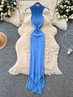 SINGREINY Vacation Tassel Knitted Dress Stretchy Bodycon Curve Solid Summer High Waist Sleeveless Sexy Beach Pencil Long Dresses - Image 4