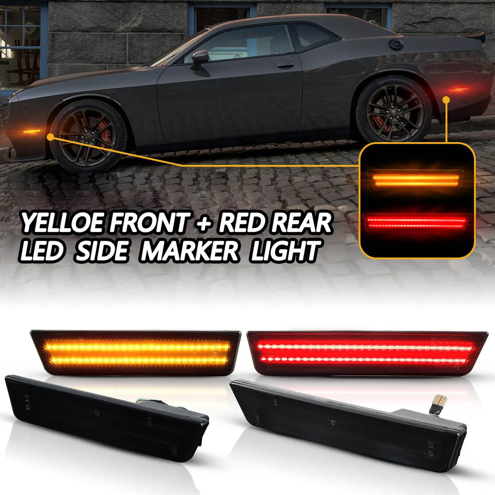 

for Dodge Challenger 2008- 2014 &Charger 2011-2014 Smoked Lens LED Side Marker Light Amber Front Red Rear bumpeFender Reflector