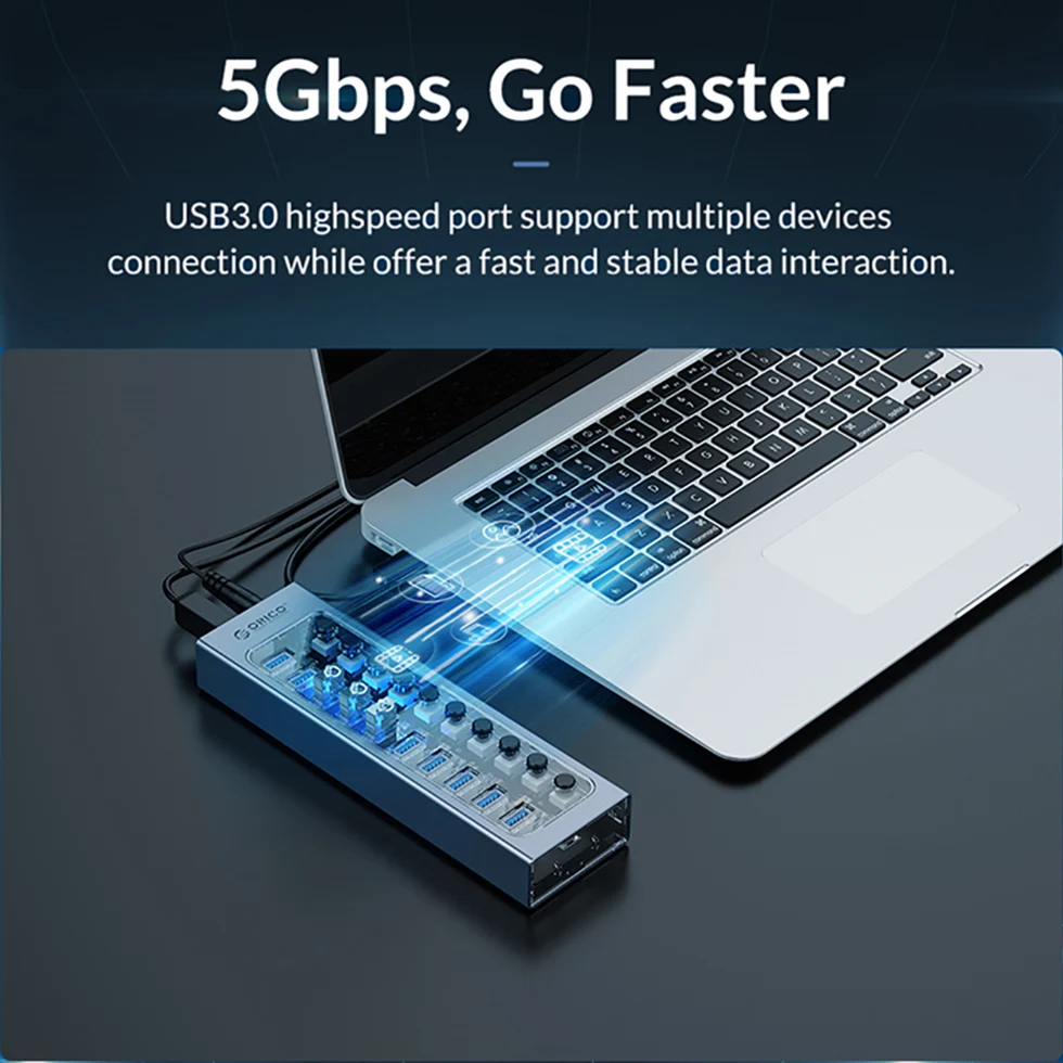 Orico-powered Usb Hub Splitter Socket com Multi Usb 3.0 Port Slot Plug On-off Switch Dock Power Strip Adapter para pc Laptop - Imagem 3