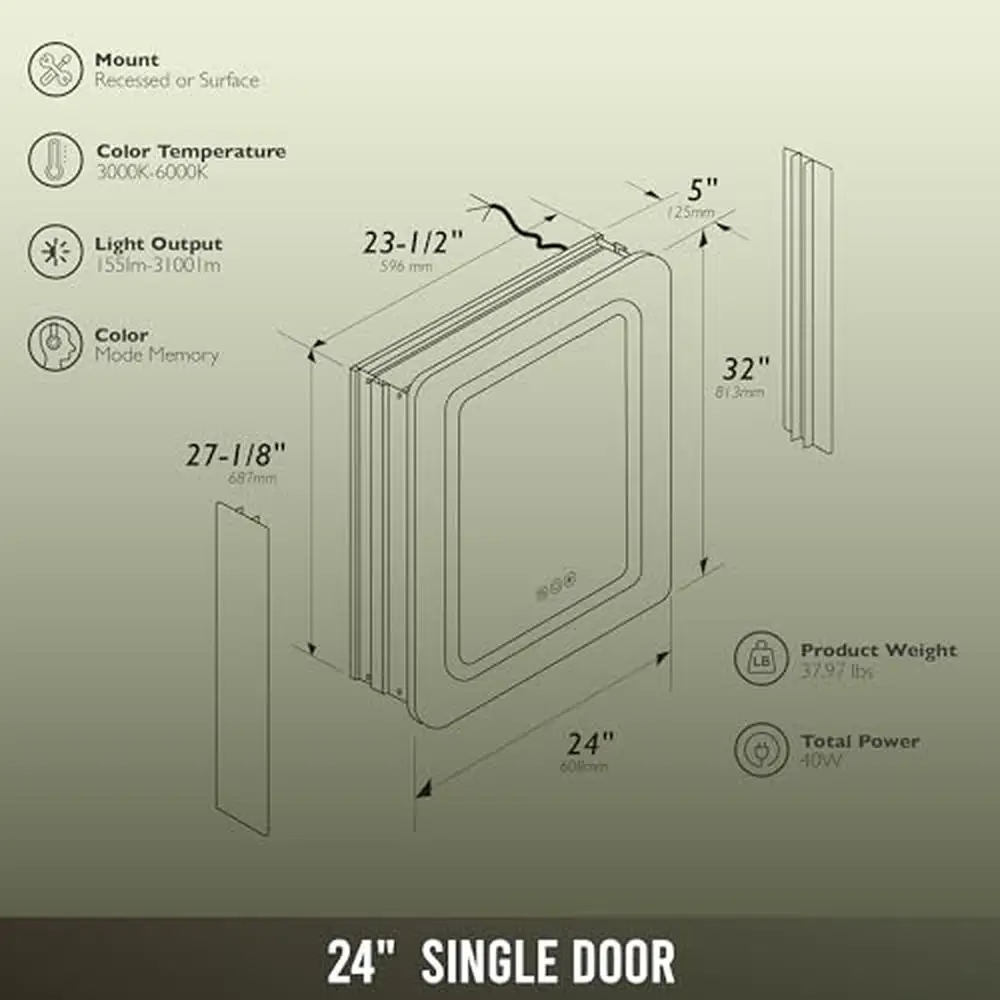 24x32" LED Cold Warm Light Glass Mirror Medicine Cabinet Aluminum Alloy Frame