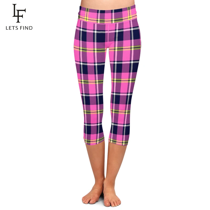 LETSFIND Push Up Women Gothic Capri Leggings Plaid Print High Waist Elastic Soft  Mid-Calf Leggings Hot Sale