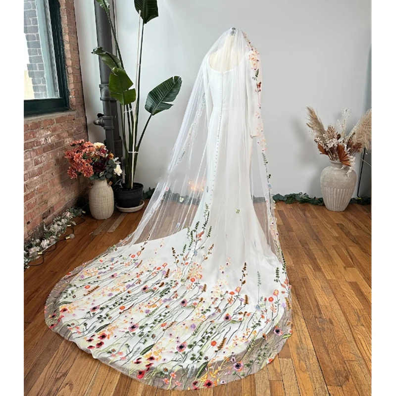 Full Lace Edge Colorful Bridal Wedding Veils With Comb Cathedral Long Secret Garden Floral Accessories For Brides White Ivory