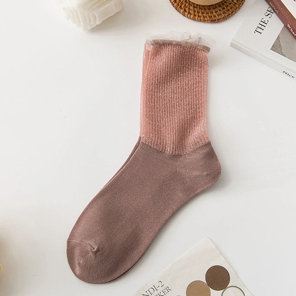 Fashion Gold Silver Thread Socks Women 6Pairs Shiny Lace Solid Color High Quality Cotton Soft Breathable Comfortable Girl Socks
