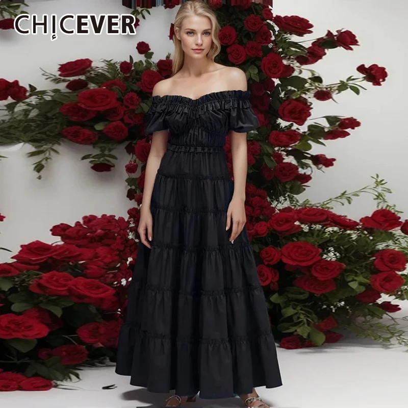 

CHICEVER Solid Dresses For Women Slash Neck Short Sleeve High Waist Patchwork Edible Tree Fungus Loose Maxi Dress Female Summer