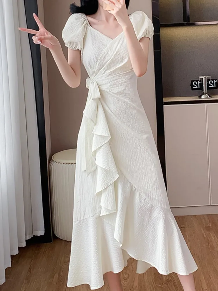 

Summer Fashion New Women Elegant Solid Chic Party Dress Vintage Casual Slim One Pieces Rufflers Birthday Vestidos Female Robe