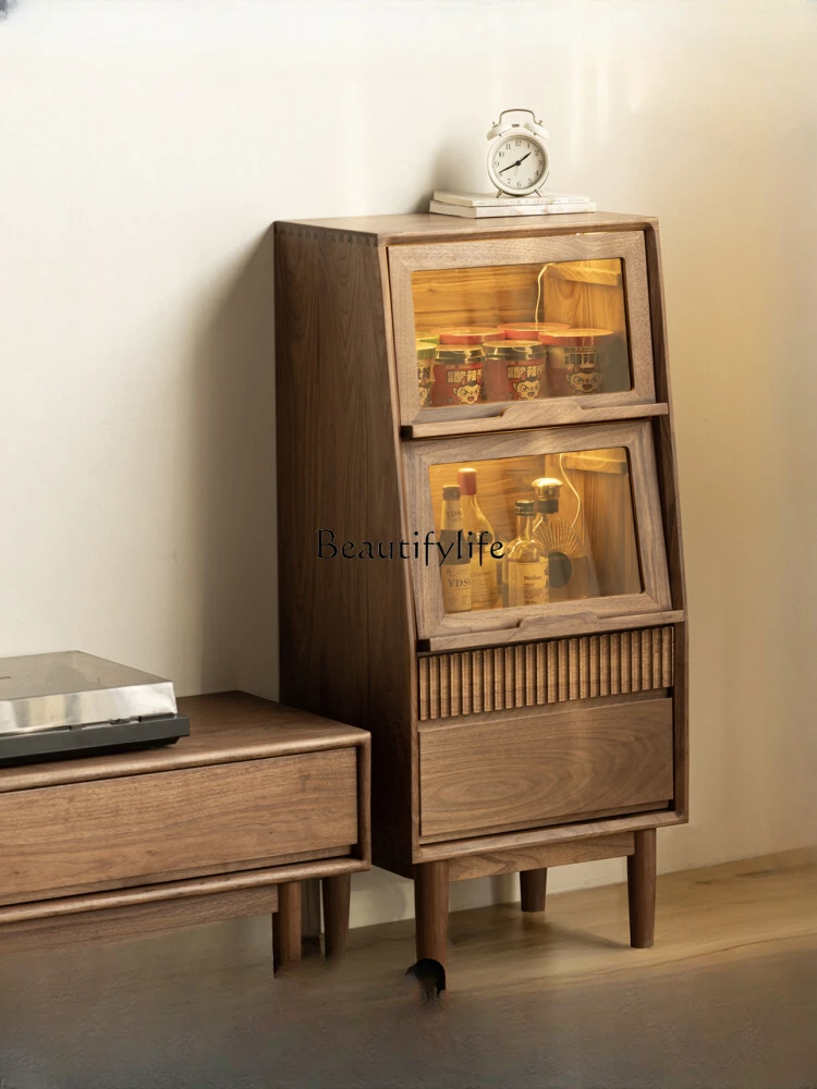 

North American Black Walnut TV Side Cabinet Living Room Solid Wood Furniture Sofa Clothes Closet Flip Glass Door