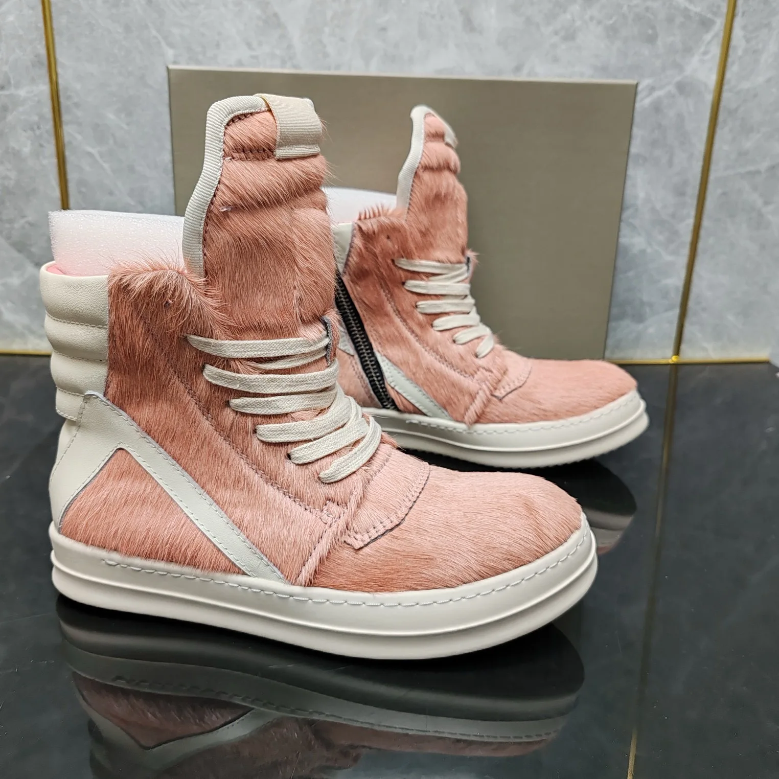 Ricks Pink Horse hair High Top Geobasket Owens Quality Men Shoe Zipper Women Sneaker Casual Owens Design boots & Shoes