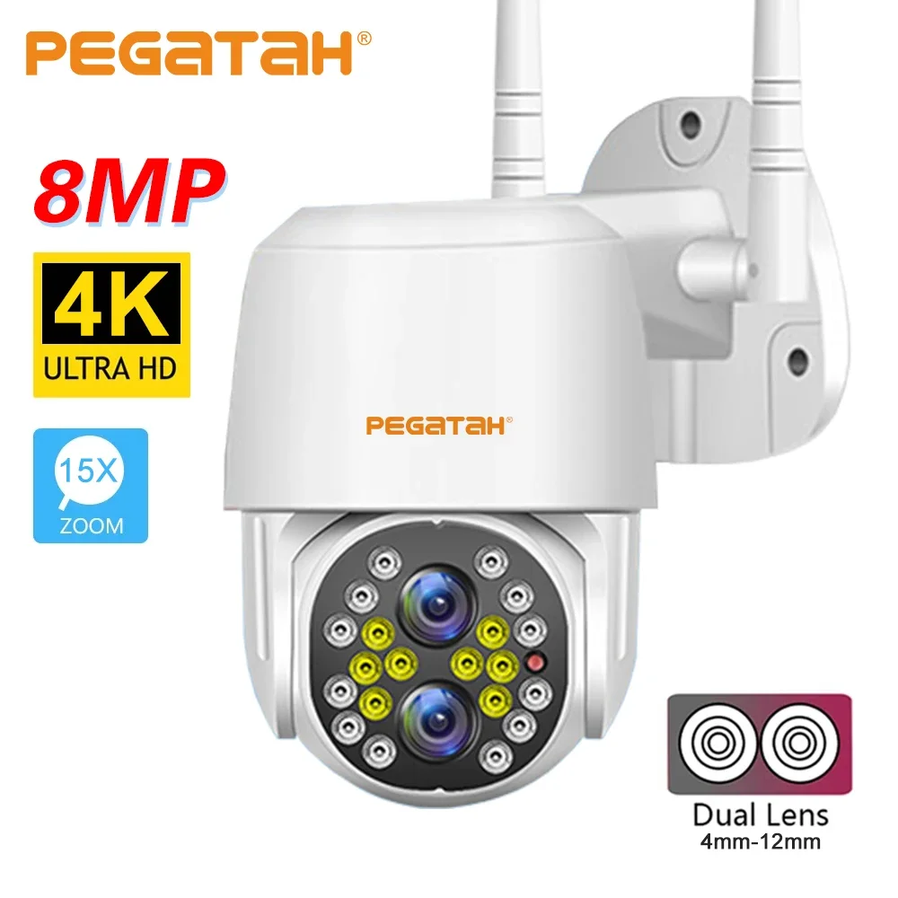 8MP 4K IP Camera Dual Lens Surveillance CCTV 15X Zoom Outdoor AI Human Detect Color Night Vision WiFi PTZ Video Security Camera