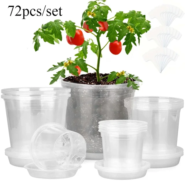 72pcs/set Clear Nursery Potsplant with Trays and Labels, Transparent Plastic Planter, Seed Starting Pot Flower Plant Contai