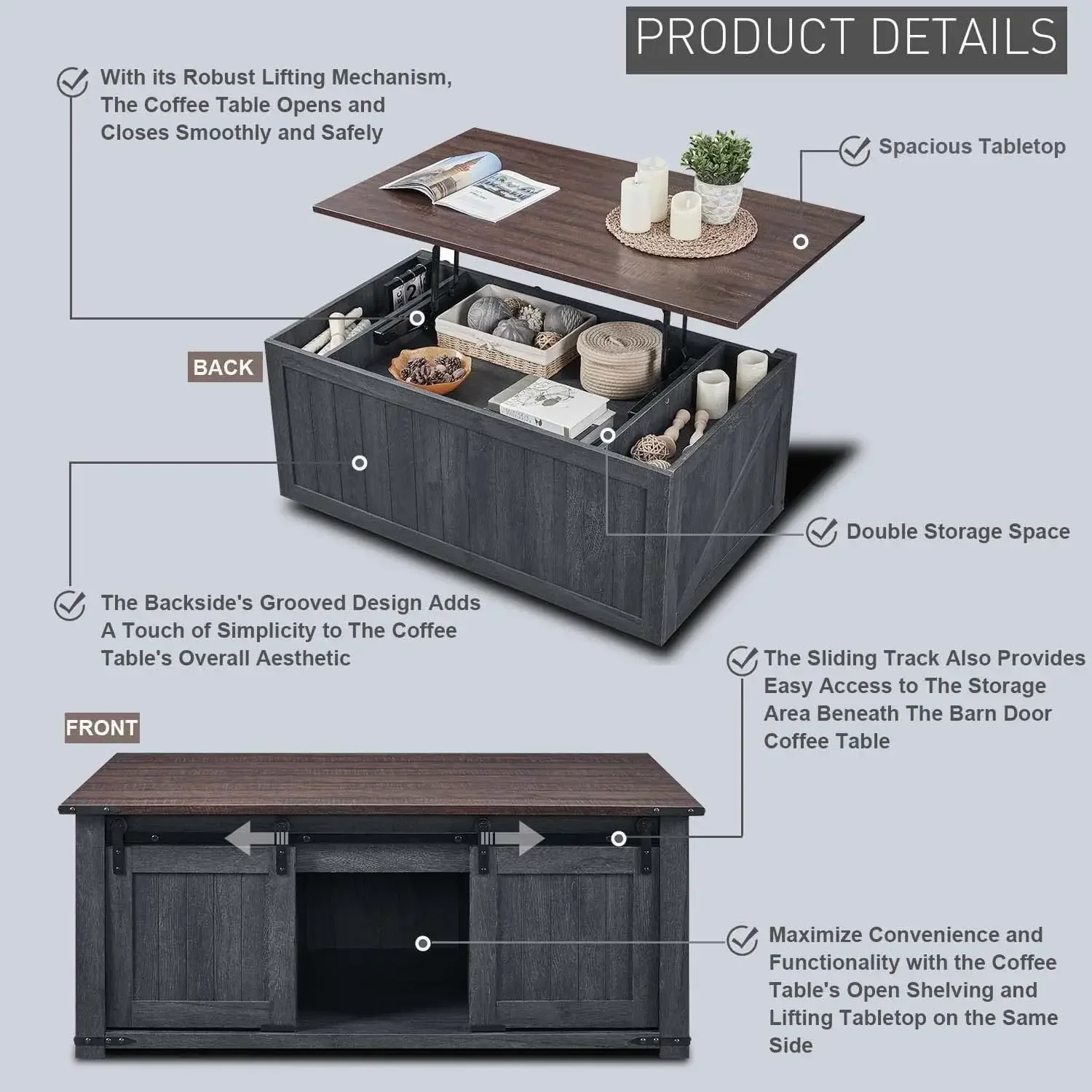48" Lift Top Coffee Table, Farmhouse Cocktai with Sliding Groove Barn Door, Rustic Wood Center Table w/Double Storage Spaces 4