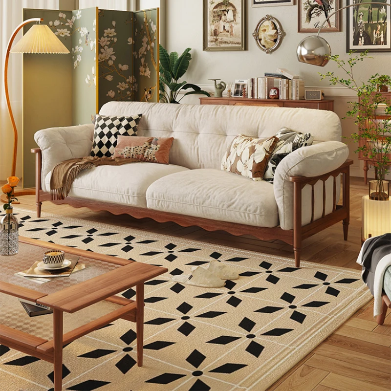 

Cloud Three-Seat Small Apartment American Log Mid-Ancient Cream Straight Row Sofa