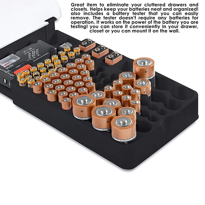 Battery Organizer Case with Clear Hinged Cover and Built-In Tester - Holds 93 Assorted Batteries