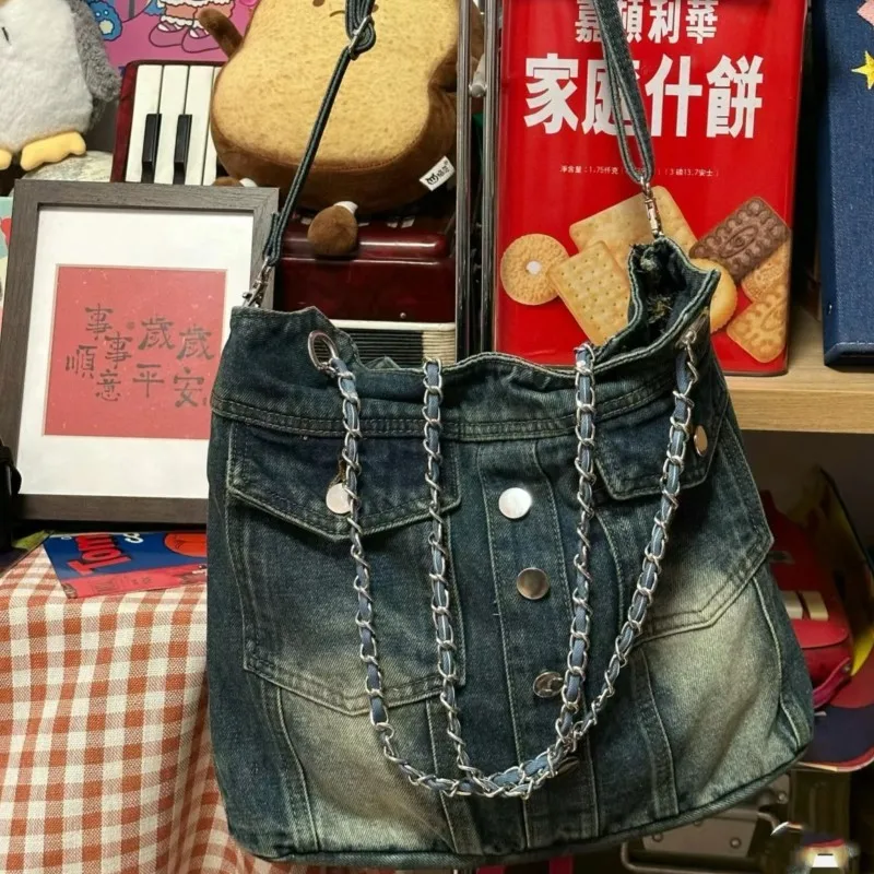 JIAERDI Hot Girls Denim Shoulder Bags Women Harajuku Aesthetic Chain Pocket Y2k Handbag Female Vintage Underarm Crossbody Bag