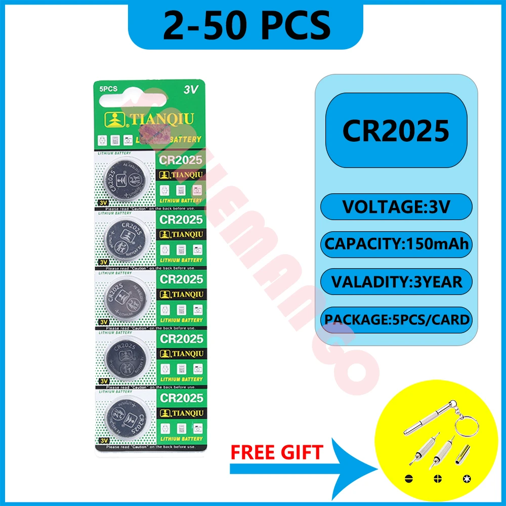 

TIANQIU 160mAh CR2025 Coin Cells Batteries 2025 DL2025 BR2025 LM2025 Lithium Button Battery For Watch Remote Control Calculator