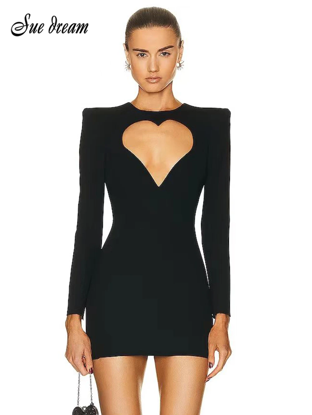 

2023 осеннее новое женское черное сексуальное мини-платье с длинным рукавом и круглым вырезом, с вырезом в виде сердца, облегающее Клубное вечерние платье знаменитостей