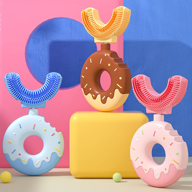 Kids toothbrush case Cartoon 360 Degrees Children Donut Manual Toothbrush 2-12Years U Shaped Food Grade Silicone Teeth Brush for Kids Teeth Oral Care