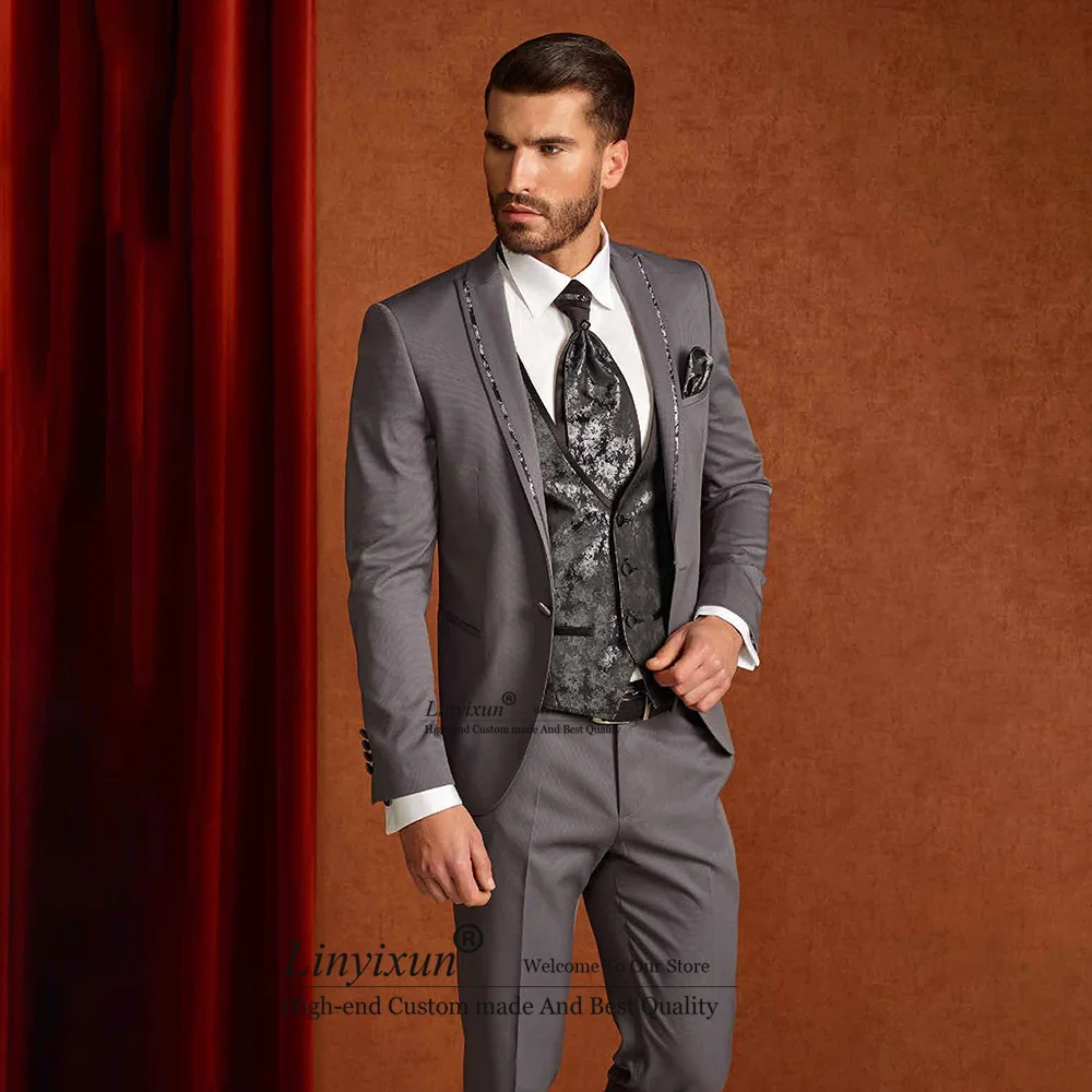 

Metallic Jacquard Tuxedos Men Suits For Wedding Prom Groom 3 Pieces Sets Bridegroom Prom Blazers Slim Fit Male Costume Homme